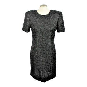 Vintage 80s Silk Sparkle Dress Black Medium Beaded Shoulder Pads Night Vogue